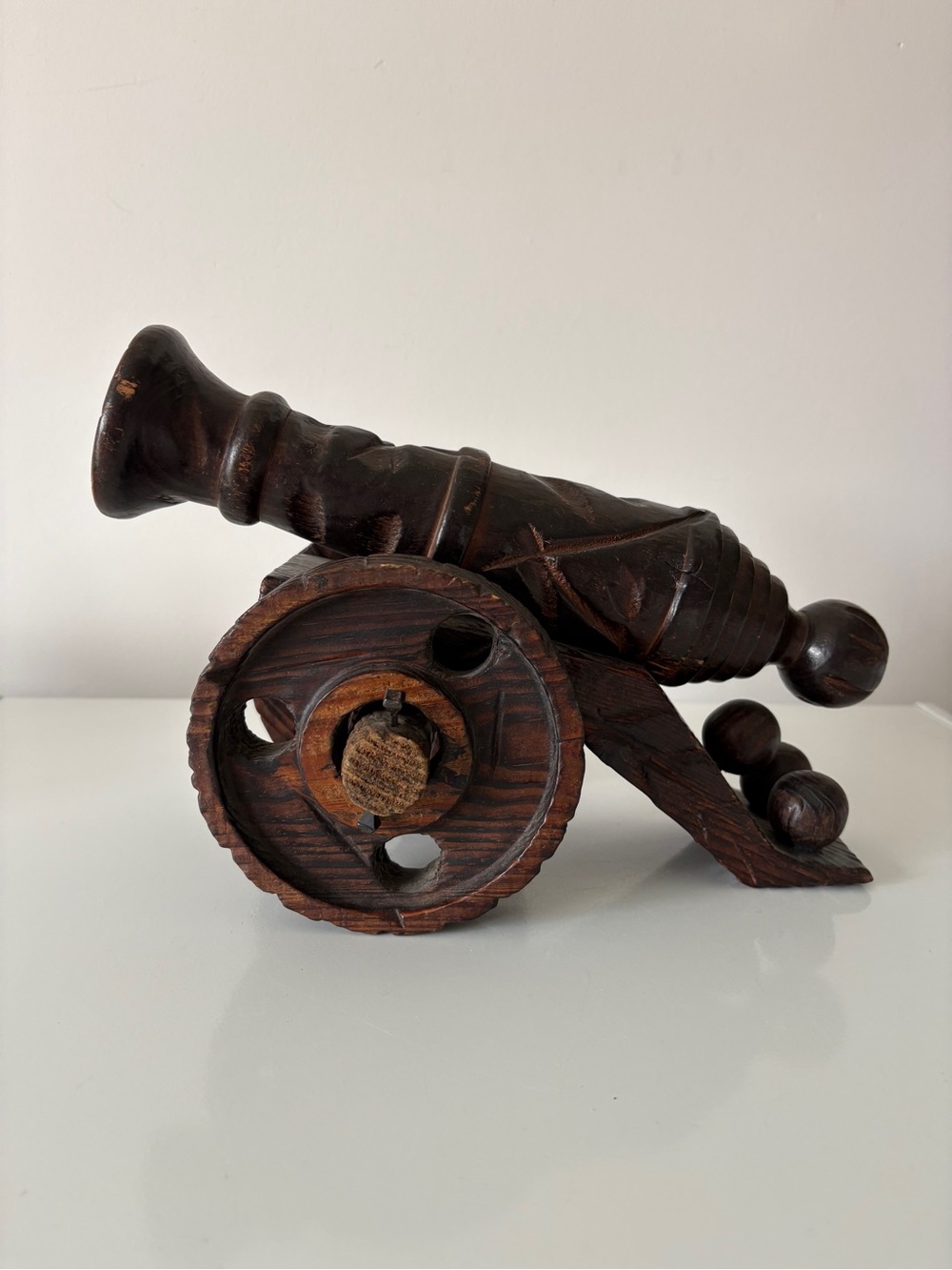 Vintage Spanish Hand Carved Wood
Cannon Statue Artillery Wooden Brutalist Castle